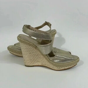 Dione silver leather embossed sling back peep toe wedge espadrille size 7